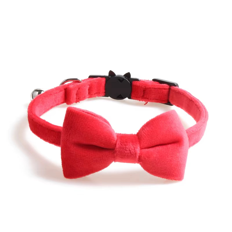 Velvet Cat Collar Solid Color Bowknot Puppy Chihuahua Collars with Bell Adjustable Safety Buckle Cats Bow Tie Pets Accessories