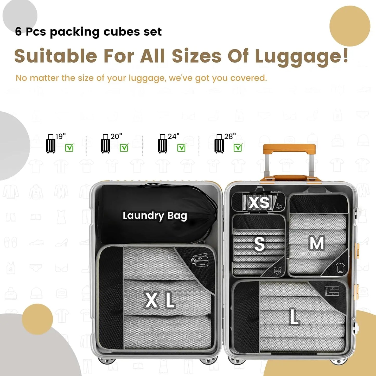 6-Piece Travel Compression Organizer Set with Mesh Shoe Bag - Lightweight and Durable Packing Cubes for Effortless Travel Organization
