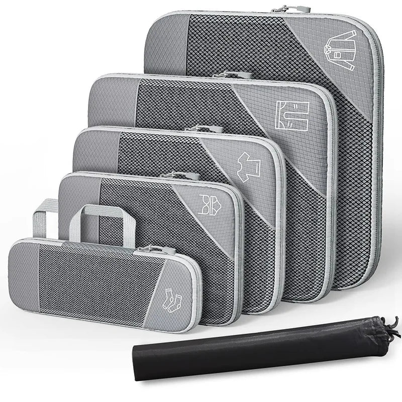 6-Piece Travel Compression Organizer Set with Mesh Shoe Bag - Lightweight and Durable Packing Cubes for Effortless Travel Organization