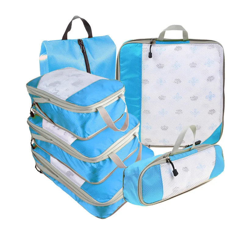 6-Piece Travel Compression Organizer Set with Mesh Shoe Bag - Lightweight and Durable Packing Cubes for Effortless Travel Organization