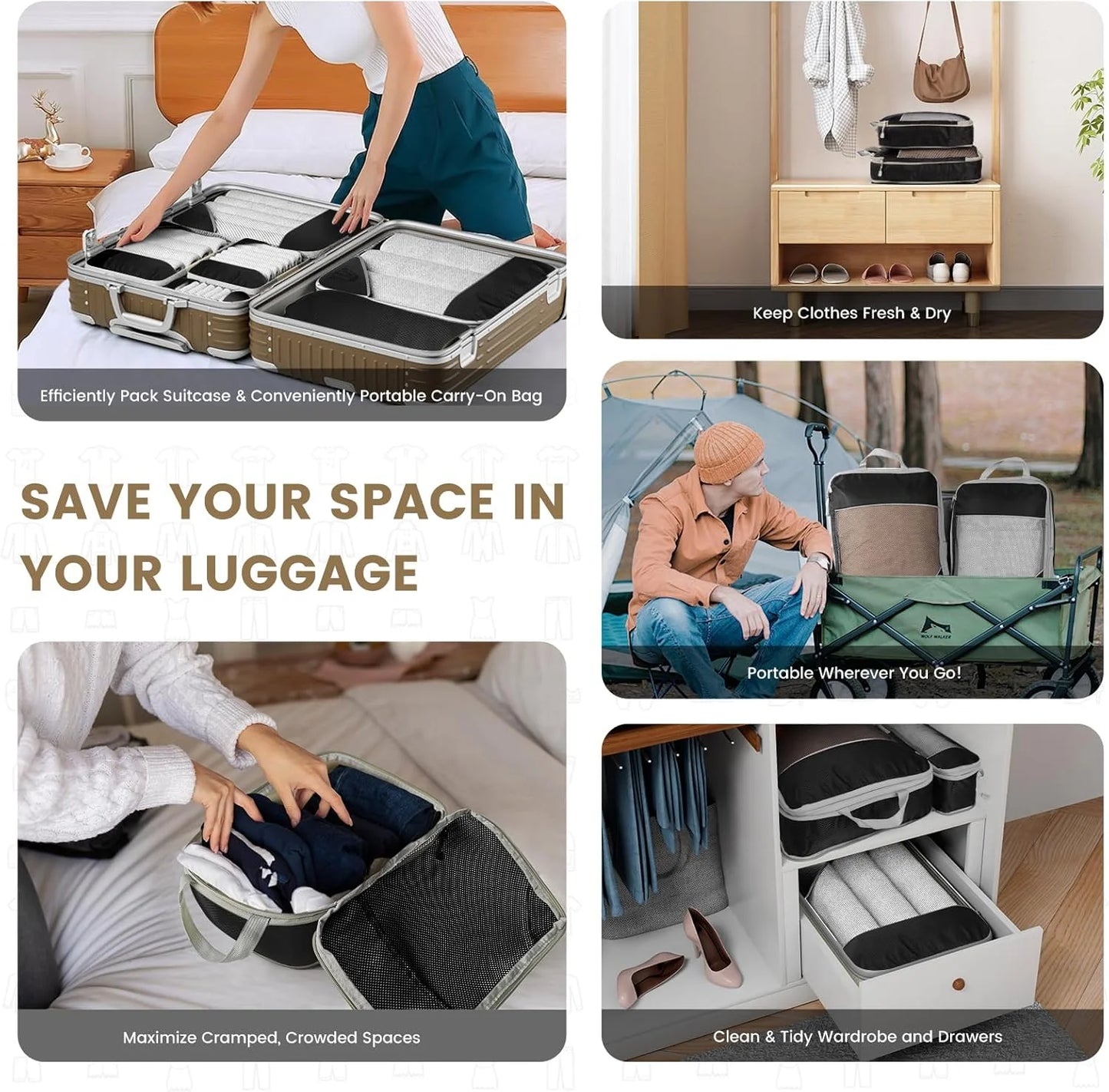 6-Piece Travel Compression Organizer Set with Mesh Shoe Bag - Lightweight and Durable Packing Cubes for Effortless Travel Organization