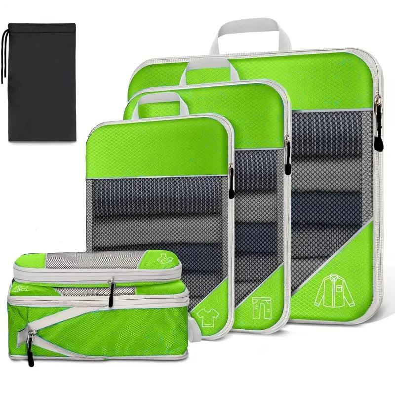 6-Piece Travel Compression Organizer Set with Mesh Shoe Bag - Lightweight and Durable Packing Cubes for Effortless Travel Organization