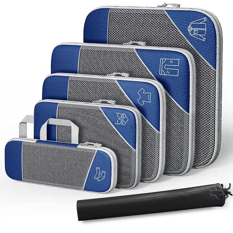 6-Piece Travel Compression Organizer Set with Mesh Shoe Bag - Lightweight and Durable Packing Cubes for Effortless Travel Organization