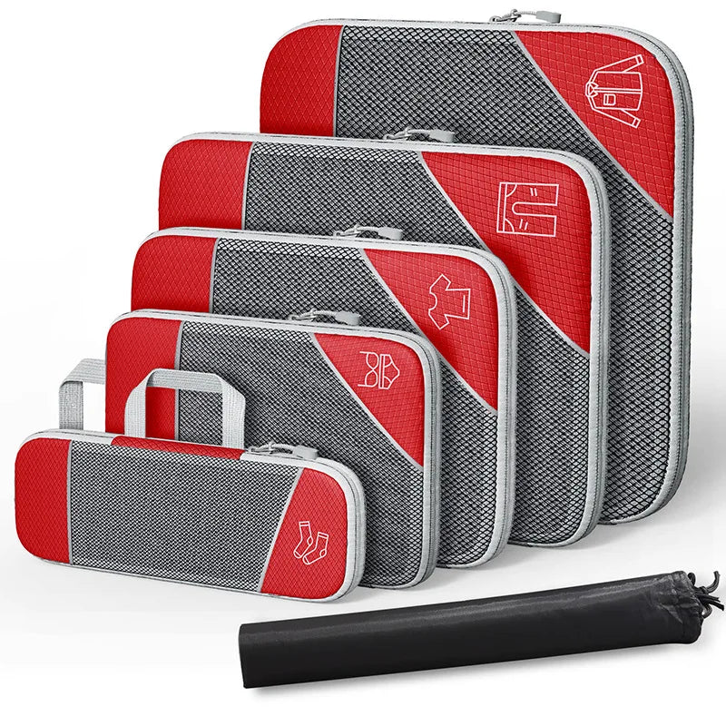 6-Piece Travel Compression Organizer Set with Mesh Shoe Bag - Lightweight and Durable Packing Cubes for Effortless Travel Organization