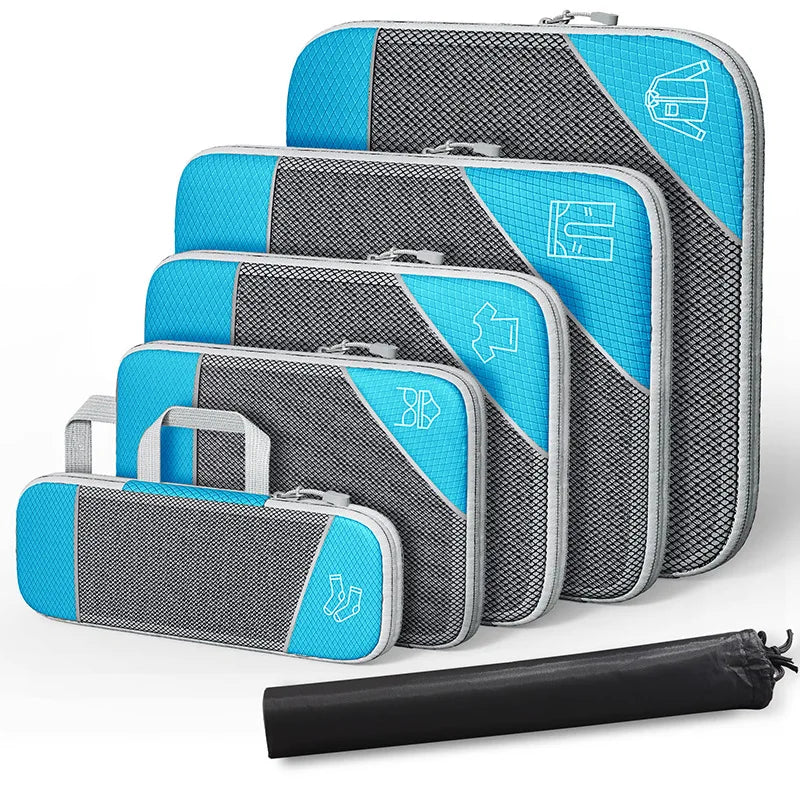 6-Piece Travel Compression Organizer Set with Mesh Shoe Bag - Lightweight and Durable Packing Cubes for Effortless Travel Organization