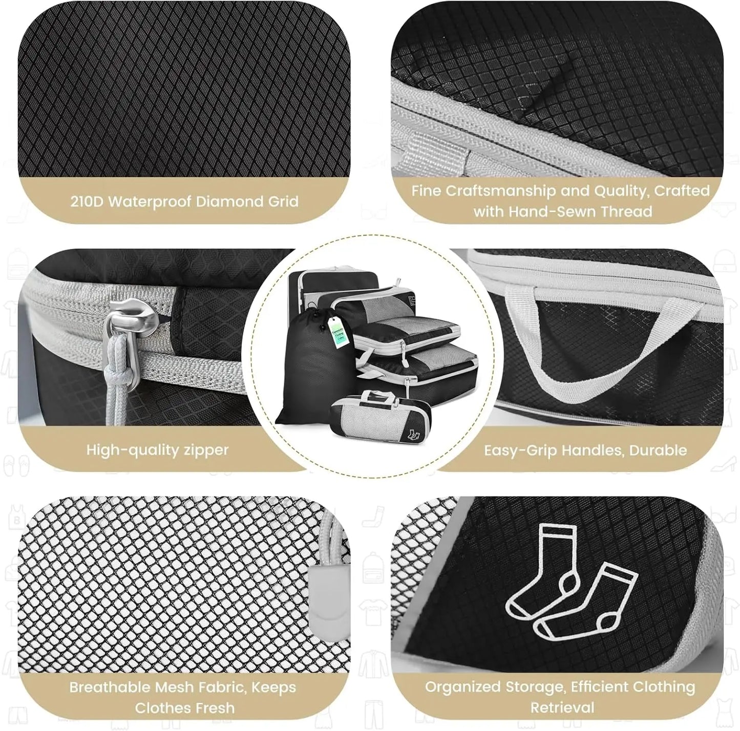 6-Piece Travel Compression Organizer Set with Mesh Shoe Bag - Lightweight and Durable Packing Cubes for Effortless Travel Organization
