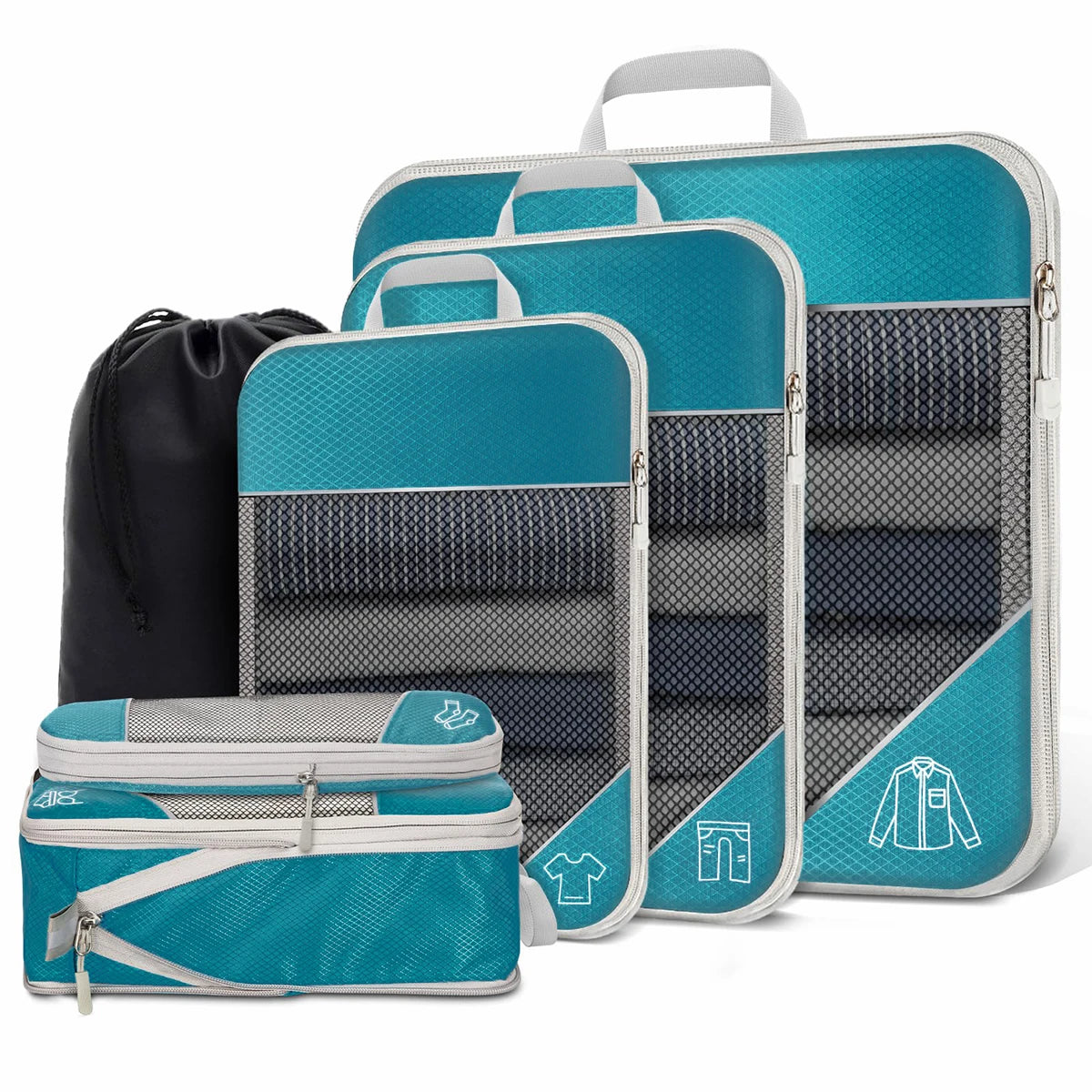 6-Piece Travel Compression Organizer Set with Mesh Shoe Bag - Lightweight and Durable Packing Cubes for Effortless Travel Organization