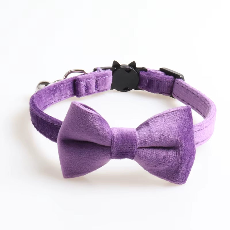 Velvet Cat Collar Solid Color Bowknot Puppy Chihuahua Collars with Bell Adjustable Safety Buckle Cats Bow Tie Pets Accessories