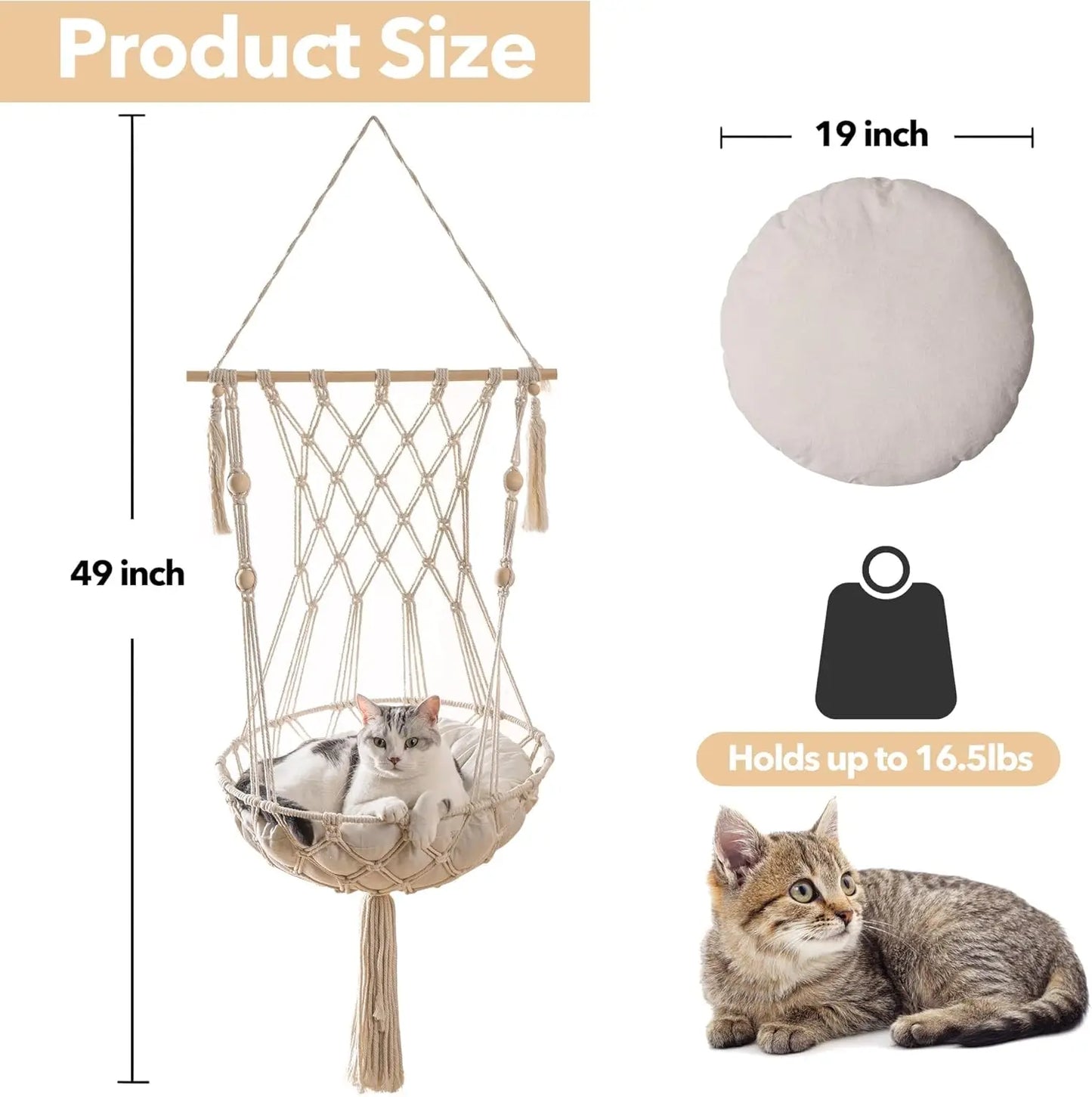Cat Hammock Handwoven Cat Swing Bed on Wall Hanging Window Perch with Washed Cotton Mat for Indoor Cats