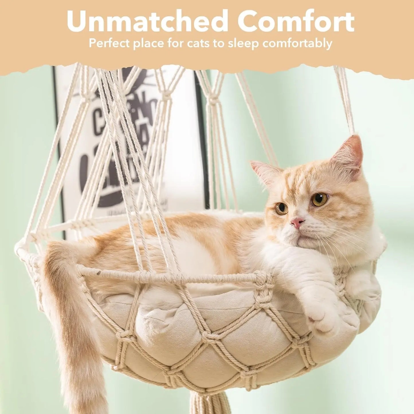 Cat Hammock Handwoven Cat Swing Bed on Wall Hanging Window Perch with Washed Cotton Mat for Indoor Cats