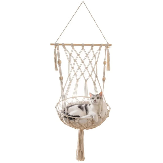 Cat Hammock Handwoven Cat Swing Bed on Wall Hanging Window Perch with Washed Cotton Mat for Indoor Cats