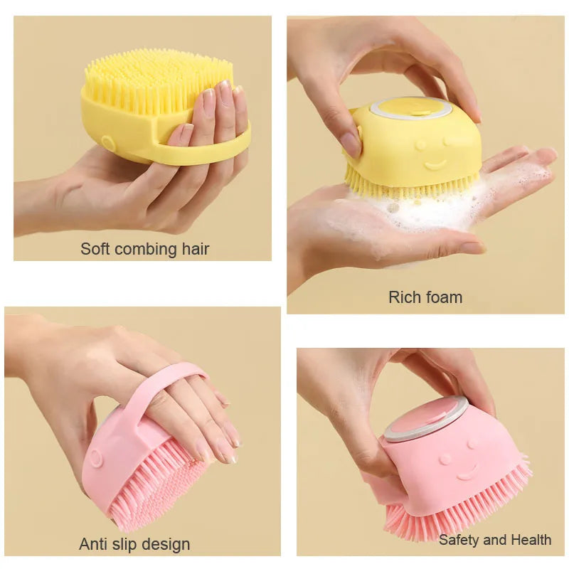 Pet Bath Brush Pet Massage Brush Shampoo Dispenser Soft Silicone Brush Rubber Bristle for Dogs and Cats Shower Grooming Tool