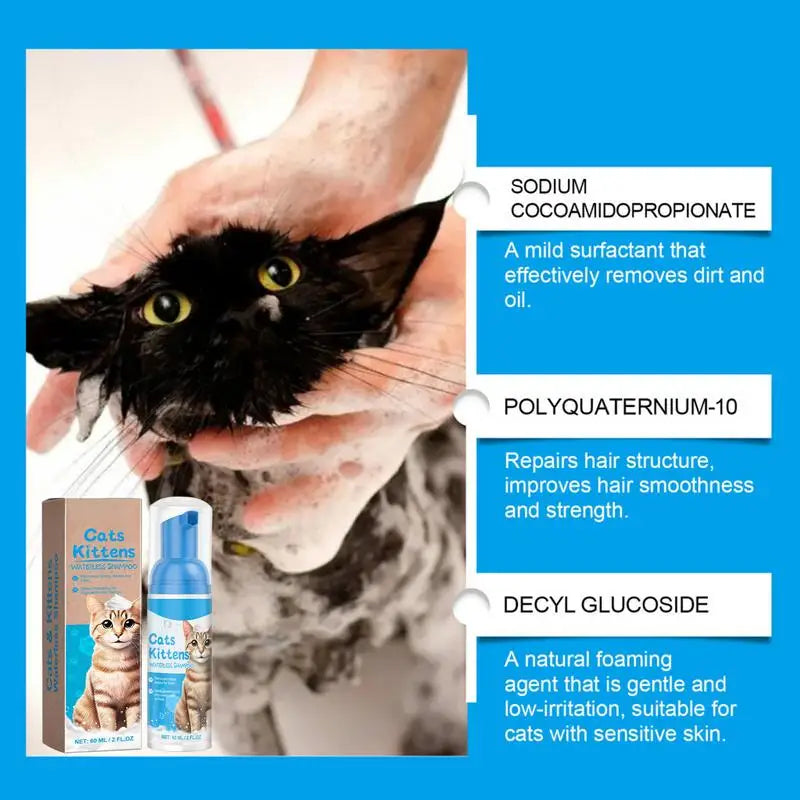 Flea Shampoo for Cats No Rinse Quick-Drying Cat Shampoo Licking Safe Dry Shampoo 60Ml Gentle Foam Shampoo for Cats Deep