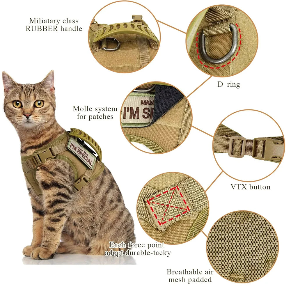 Cat Harness Leash Tactical Vest Small Dog Kitten Military Harness Escape Proof Full Body Breathable for Puppy Walking Training