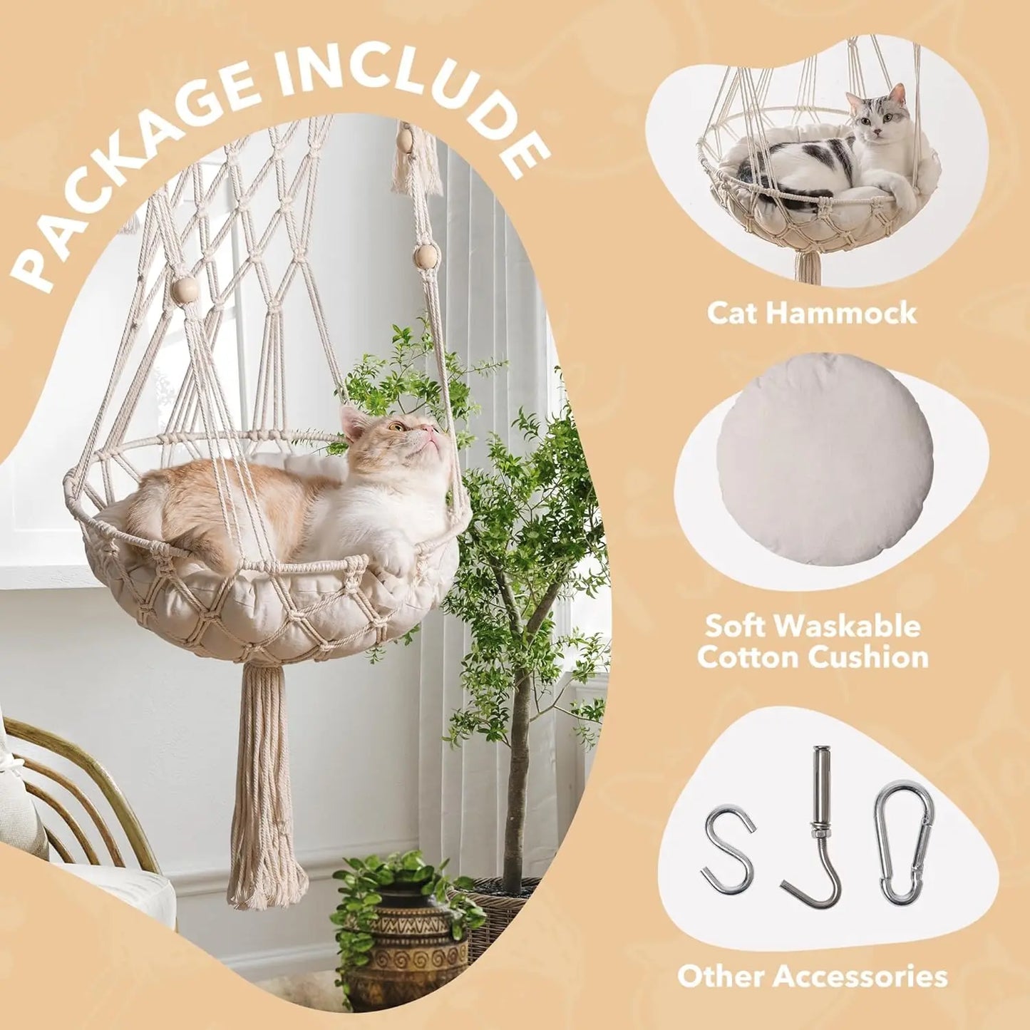 Cat Hammock Handwoven Cat Swing Bed on Wall Hanging Window Perch with Washed Cotton Mat for Indoor Cats