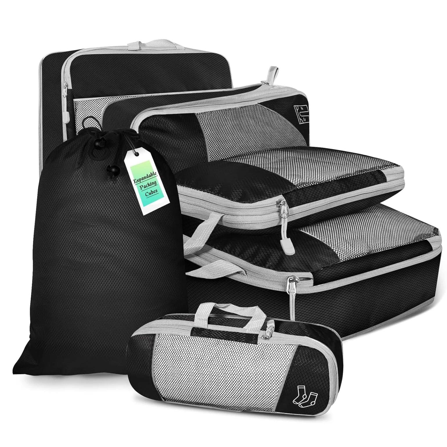 6-Piece Travel Compression Organizer Set with Mesh Shoe Bag - Lightweight and Durable Packing Cubes for Effortless Travel Organization