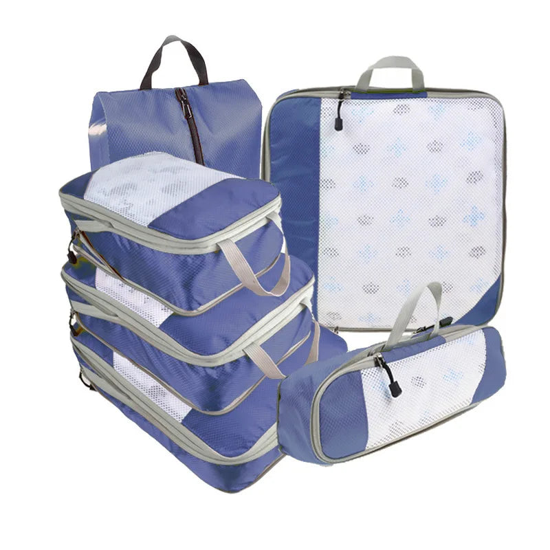6-Piece Travel Compression Organizer Set with Mesh Shoe Bag - Lightweight and Durable Packing Cubes for Effortless Travel Organization