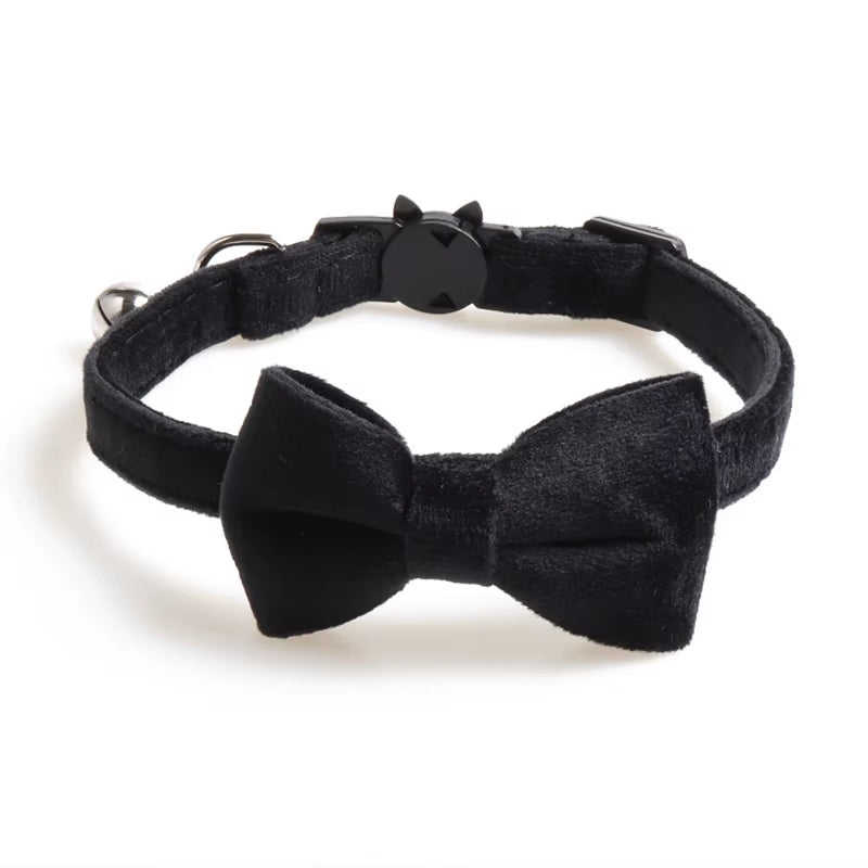 Velvet Cat Collar Solid Color Bowknot Puppy Chihuahua Collars with Bell Adjustable Safety Buckle Cats Bow Tie Pets Accessories
